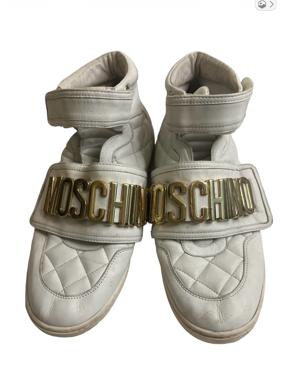 Moschino men  White Quilted High-Top Sneakers with Gold Logo Strap, pre-owned